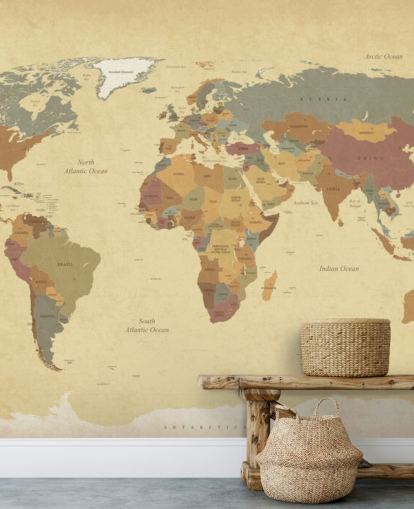 mural de papel pintado de mapa del mundo vintage con textura marrón llamado Mapa del mundo vintage texturizado para hogares y oficinas