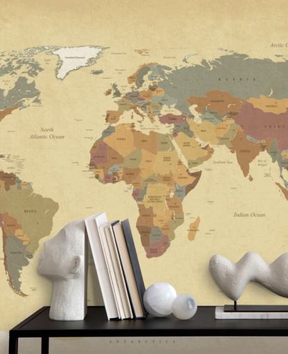 bruine getextureerde vintage wereldkaart behangmuurschildering genaamd Textured Vintage World Map voor huizen en kantoren bruine getextureerde vintage wereldkaart behangmuurschildering genaamd Textured Vintage World Map voor huizen en kantoren