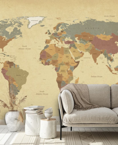 mural de papel pintado de mapa del mundo vintage con textura marrón llamado Mapa del mundo vintage texturizado para hogares y oficinas