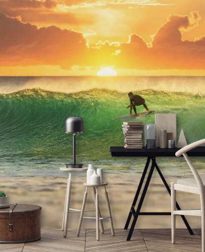 Surfer on Wave in the Evening Wallpaper