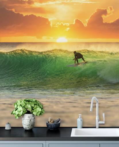 Surfer on Wave in the Evening Wallpaper Surfer on Wave in the Evening Wallpaper