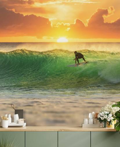 Surfer on Wave in the Evening Wallpaper