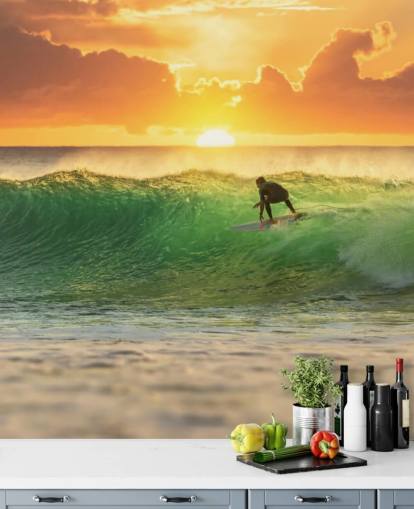 Surfer on Wave in the Evening Wallpaper