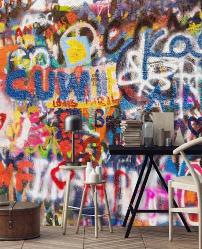 värikäs graffiti-taustakuvamaalaus nimeltä Graffiti an der Wand makuuhuoneisiin värikäs graffiti-taustakuvamaalaus nimeltä Graffiti an der Wand makuuhuoneisiin