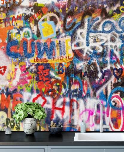 värikäs graffiti-taustakuvamaalaus nimeltä Graffiti an der Wand makuuhuoneisiin värikäs graffiti-taustakuvamaalaus nimeltä Graffiti an der Wand makuuhuoneisiin
