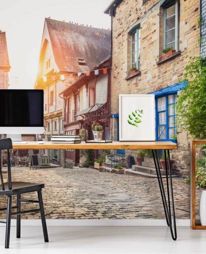 Charming street scene in an old town in Europe at sunset Wall Mural Wallpaper