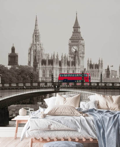 monochrome custom London wallpaper mural called London Bus on Lambeth Bridge for living rooms, bedrooms and offices monochrome custom London wallpaper mural called London Bus on Lambeth Bridge for living rooms, bedrooms and offices