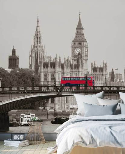 mural de papel pintado monocromo personalizado de Londres llamado Autobús de Londres en el puente de Lambeth para salas de estar, dormitorios y oficinas