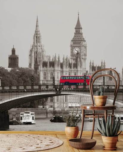 einfarbiges kundenspezifisches Londoner Tapeten-Wandbild namens London Bus on Lambeth Bridge für Wohnzimmer, Schlafzimmer und Büros einfarbiges kundenspezifisches Londoner Tapeten-Wandbild namens London Bus on Lambeth Bridge für Wohnzimmer, Schlafzimmer und Büros
