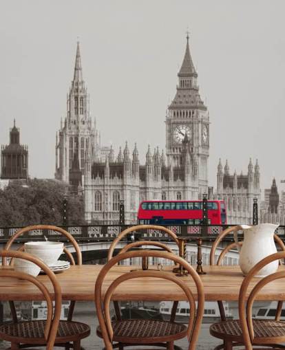 monochrome custom London wallpaper mural called London Bus on Lambeth Bridge for living rooms, bedrooms and offices