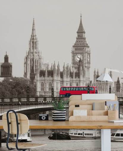 monochrome custom London wallpaper mural called London Bus on Lambeth Bridge for living rooms, bedrooms and offices
