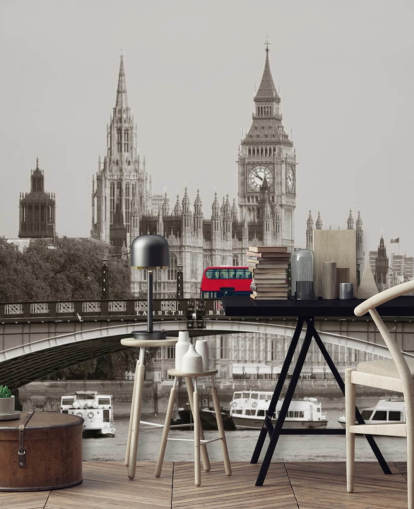 monochrome custom London wallpaper mural called London Bus on Lambeth Bridge for living rooms, bedrooms and offices