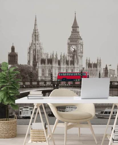 monochrome custom London wallpaper mural called London Bus on Lambeth Bridge for living rooms, bedrooms and offices