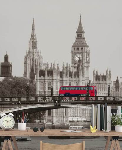 mural de papel pintado monocromo personalizado de Londres llamado Autobús de Londres en el puente de Lambeth para salas de estar, dormitorios y oficinas mural de papel pintado monocromo personalizado de Londres llamado Autobús de Londres en el puente de Lambeth para salas de estar, dormitorios y oficinas