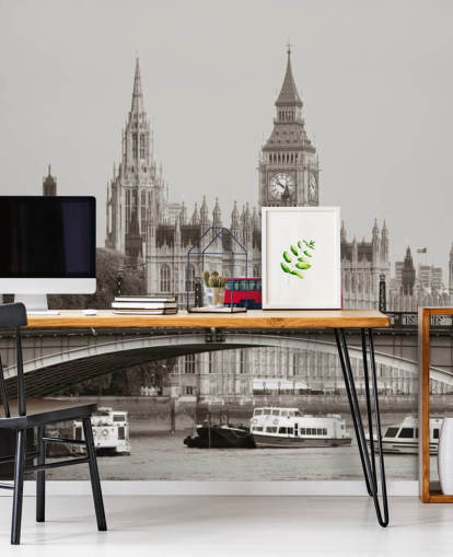 monochrome custom London wallpaper mural called London Bus on Lambeth Bridge for living rooms, bedrooms and offices