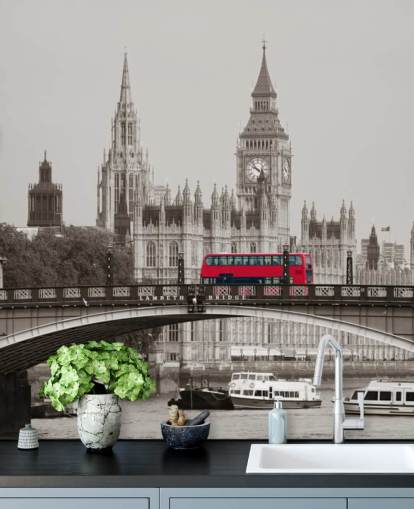 monochrome custom London wallpaper mural called London Bus on Lambeth Bridge for living rooms, bedrooms and offices