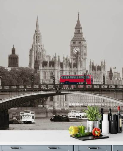 mural de papel pintado monocromo personalizado de Londres llamado Autobús de Londres en el puente de Lambeth para salas de estar, dormitorios y oficinas