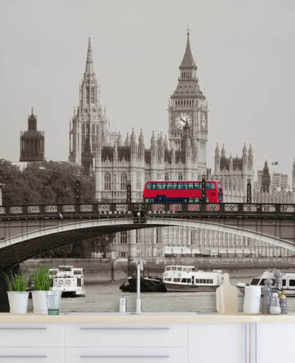 monochrome custom London wallpaper mural called London Bus on Lambeth Bridge for living rooms, bedrooms and offices monochrome custom London wallpaper mural called London Bus on Lambeth Bridge for living rooms, bedrooms and offices
