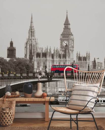monochrome custom London wallpaper mural called London Bus on Lambeth Bridge for living rooms, bedrooms and offices