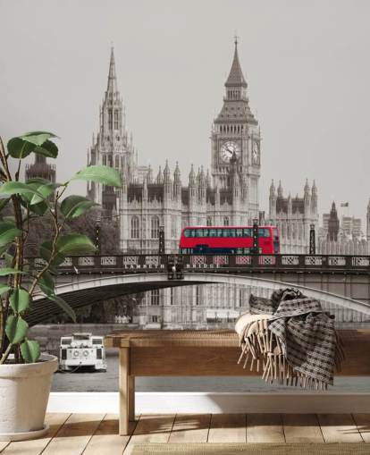 monochrome custom London wallpaper mural called London Bus on Lambeth Bridge for living rooms, bedrooms and offices