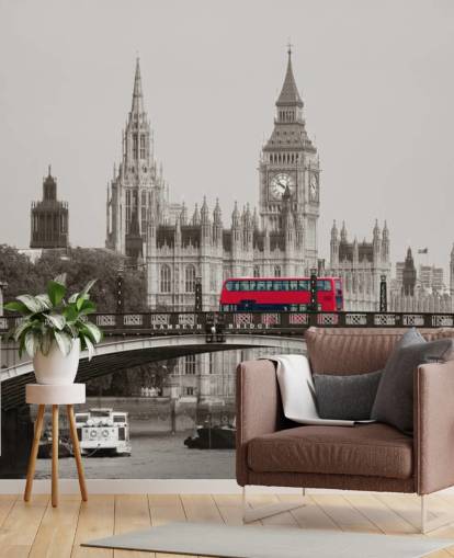 monochrome custom London wallpaper mural called London Bus on Lambeth Bridge for living rooms, bedrooms and offices