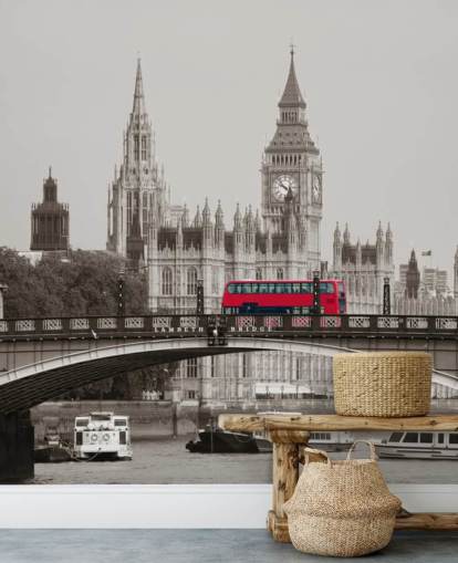 monochrome custom London wallpaper mural called London Bus on Lambeth Bridge for living rooms, bedrooms and offices