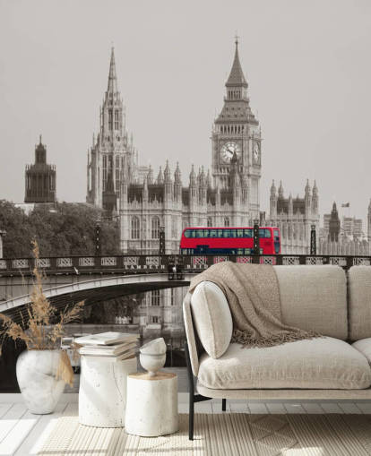 monochrome custom London wallpaper mural called London Bus on Lambeth Bridge for living rooms, bedrooms and offices