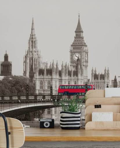 monochrome op maat gemaakte Londense behangmuurschildering genaamd London Bus on Lambeth Bridge voor woonkamers, slaapkamers en kantoren