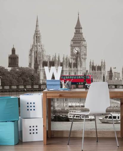 monokrom brugerdefineret London tapetmaleri kaldet London Bus på Lambeth Bridge til stuer, soveværelser og kontorer