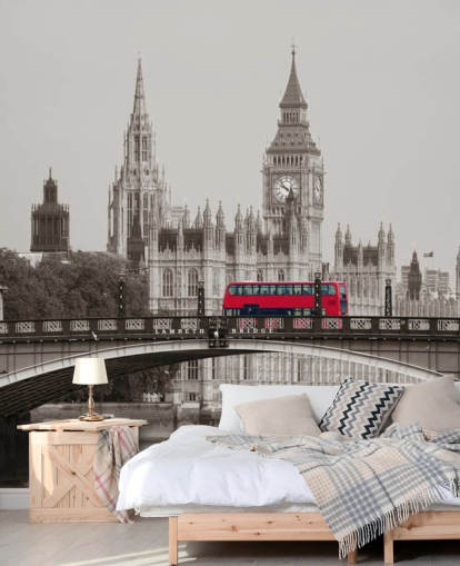 carta da parati murale monocromatica personalizzata di Londra chiamata London Bus on Lambeth Bridge per salotti, camere da letto e uffici