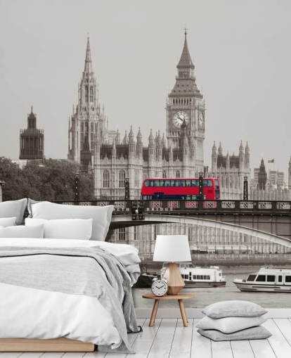 carta da parati murale monocromatica personalizzata di Londra chiamata London Bus on Lambeth Bridge per salotti, camere da letto e uffici