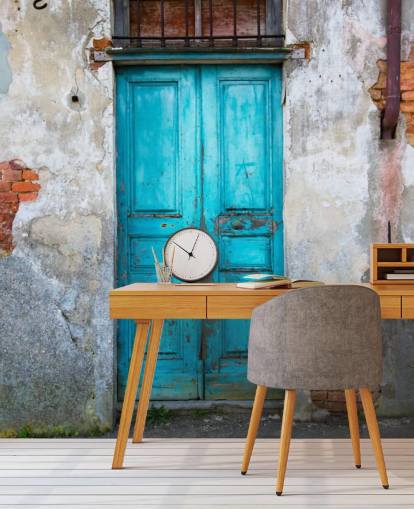 Porta de madeira azul velha Old Blue Wooden Door Wallpaper 