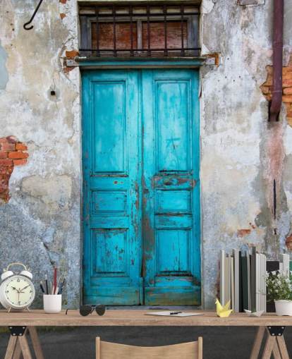 Porte en bois bleu ancien Old Blue Wooden Door Wallpaper 