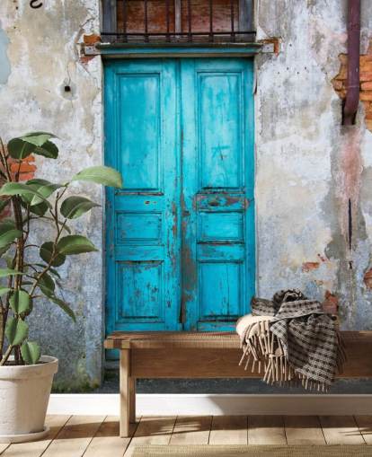 Porta de madeira azul velha Old Blue Wooden Door Wallpaper 