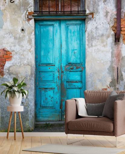 Puerta de madera azul vieja Old Blue Wooden Door Wallpaper 