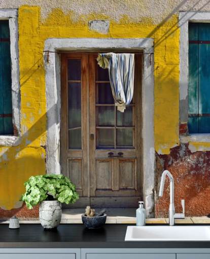 yellow italian house front wallpaper