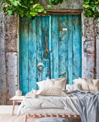 Porta in legno blu brillante Bright Blue Wooden Door Wallpaper 