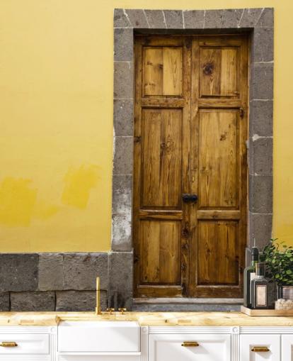 Holz und Gelb Grau Senf Papiertapete