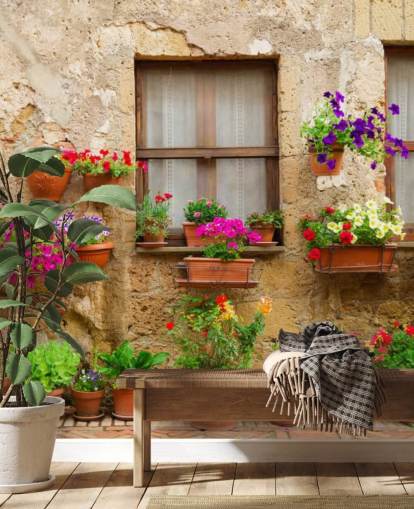 Stone Facade and Flowers, Italy Italy Wallpaper 