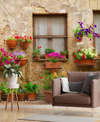 Stone Facade og blomster, Italien Italy Wallpaper Stone Facade og blomster, Italien Italy Wallpaper