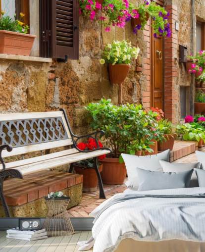 Bench Outside Rustic House Wall Mural Bench Outside Rustic House Wall Mural