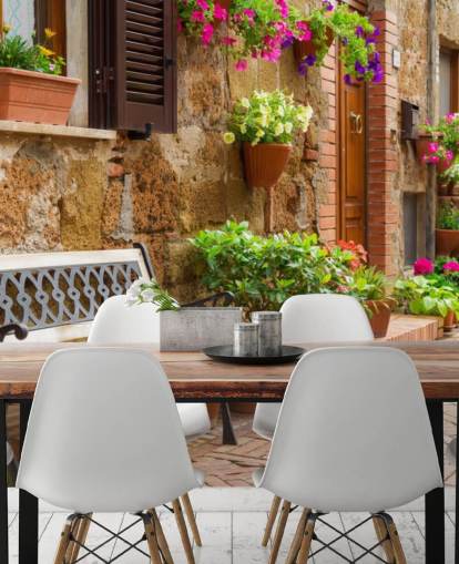 Bench Outside Rustic House Wall Mural