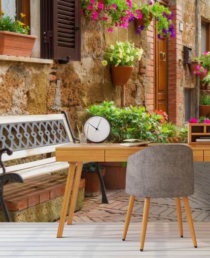 Bench Outside Rustic House Wall Mural