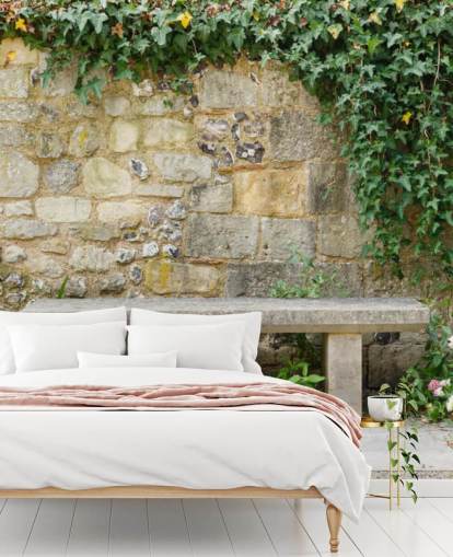 Rauhallinen puutarha penkki seinämaalaus Rauhallinen puutarha penkki seinämaalaus