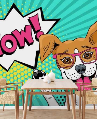 Cachorro engraçado e surpreso em óculos com a boca aberta levantando as patas no mural de arte pop Cachorro engraçado e surpreso em óculos com a boca aberta levantando as patas no mural de arte pop