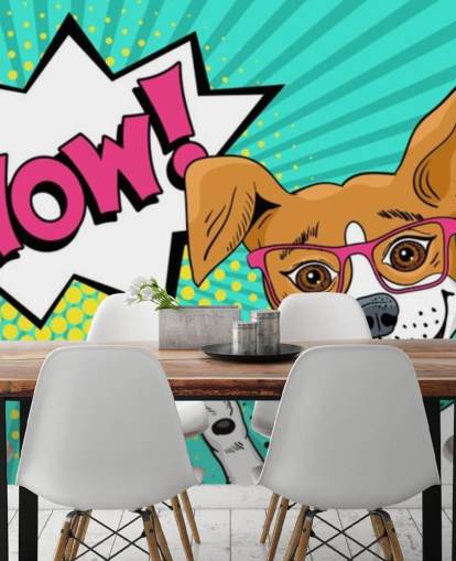 Funny surprised dog in glasses with open mouth rising his paws up pop art mural