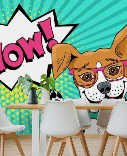 Funny surprised dog in glasses with open mouth rising his paws up pop art mural