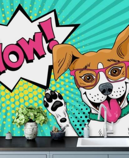 Divertido mural de arte pop de perro sorprendido con gafas con la boca abierta levantando las patas
