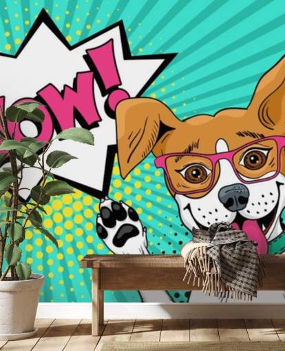 Sjov overrasket hund i briller med åben mund hæver poterne op i pop art vægmaleri