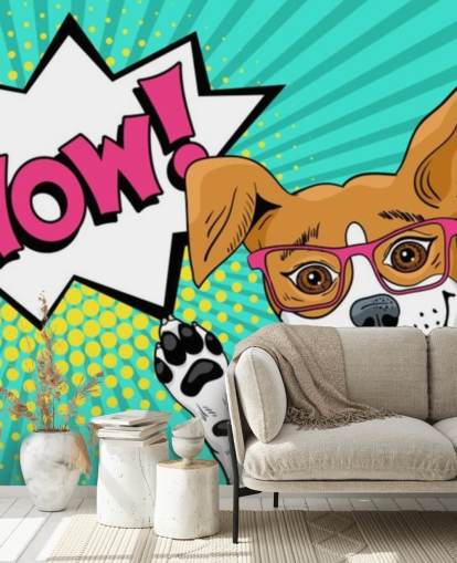 Funny surprised dog in glasses with open mouth rising his paws up pop art mural